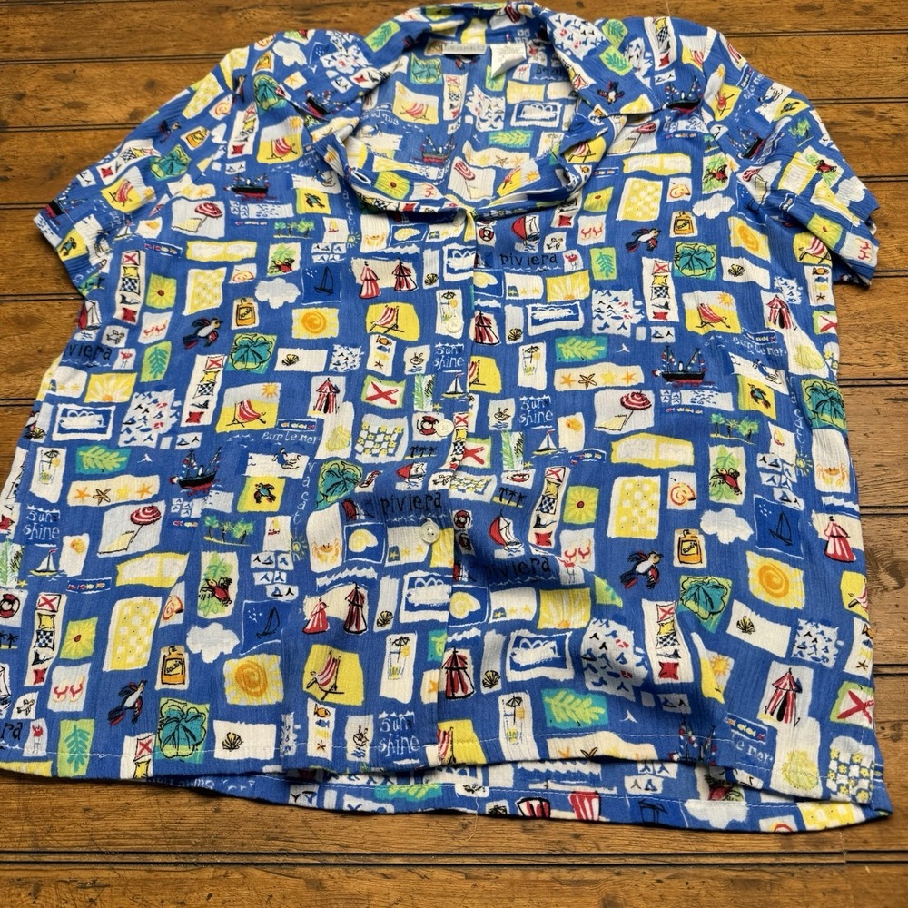 Koret Francisca‎ Large blue abstract beach short sleeves buttoned down top